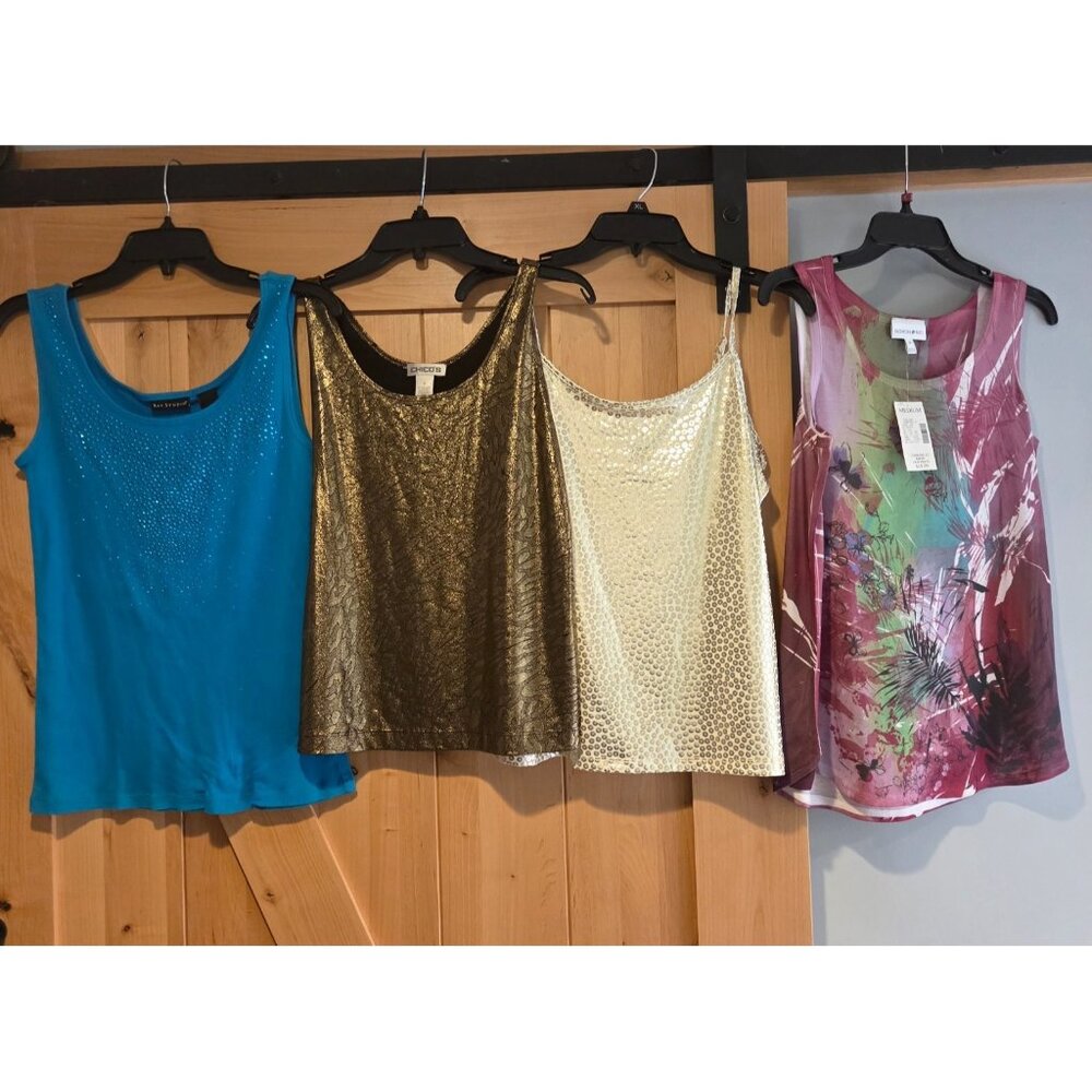 Lot of 4 Womens M Tank Tops. 2 are new. Shimmer Sparkle Tropical